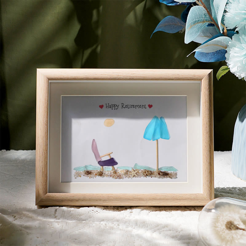 Happy Retirement Beach Chair And Umbrella Sea Glass Framed Art - Oak - 6" X 8" - image 6