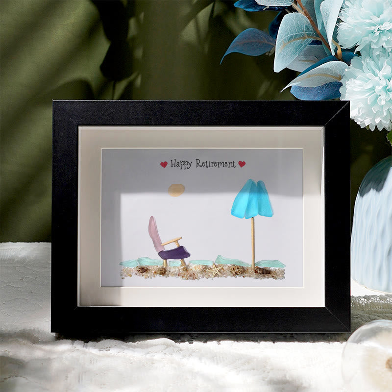 Happy Retirement Beach Chair And Umbrella Sea Glass Framed Art - Black - 6" X 8" - image 1
