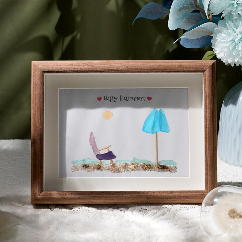 Happy Retirement Beach Chair And Umbrella Sea Glass Framed Art - Walnut Brown - 6" X 8" - image 7