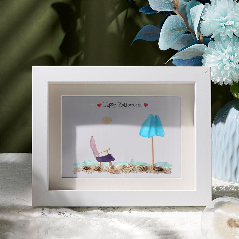 Happy Retirement Beach Chair And Umbrella Sea Glass Framed Art - White - 6" X 8" - image 5