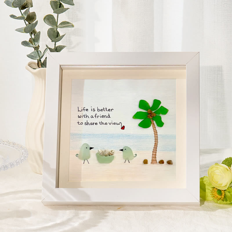 Friends On The Beach Under A Palm Tree Sea Glass Framed Art - White - 8" X 8" - image 1