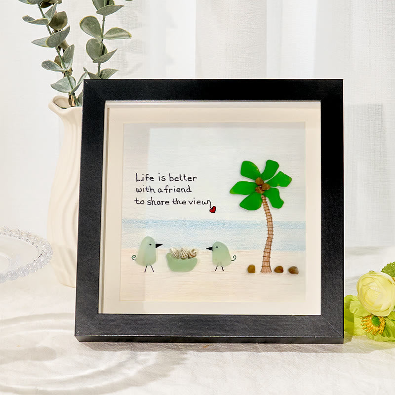 Friends On The Beach Under A Palm Tree Sea Glass Framed Art - Black - 8" X 8" - image 5