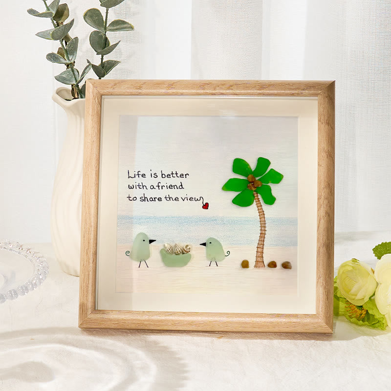 Friends On The Beach Under A Palm Tree Sea Glass Framed Art - Oak - 8" X 8" - image 6