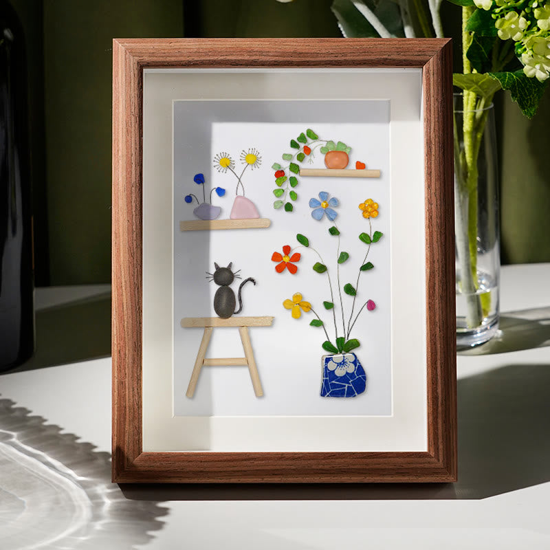 Cat And Greenhouse Sea Glass Framed Art - Walnut Brown - 8" X 6" - image 5