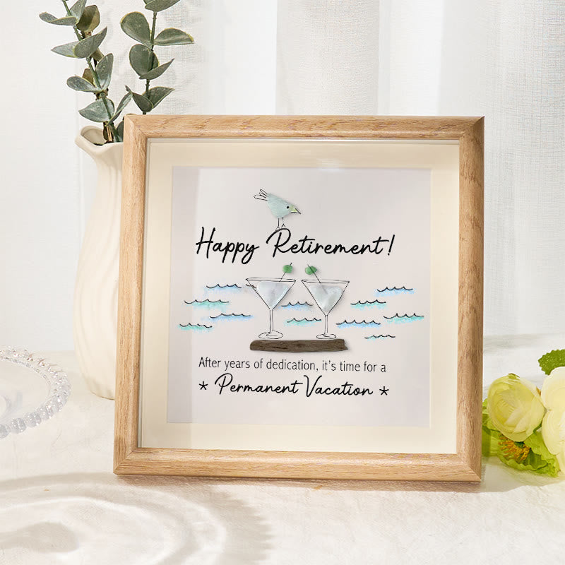 Cheers And Happy Retirement Sea Glass Framed Art - Oak - 8" X 8" - image 1