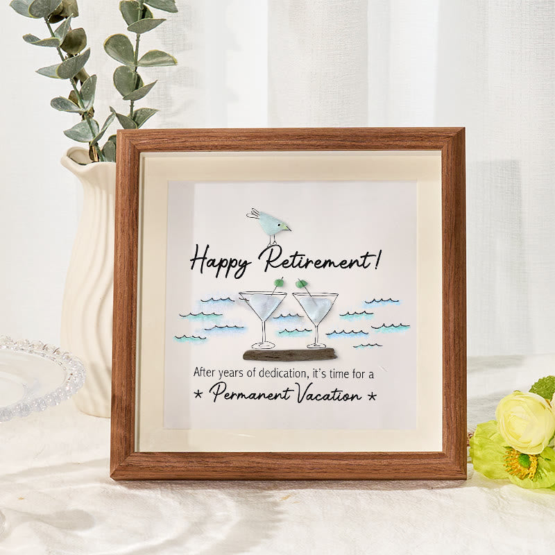 Cheers And Happy Retirement Sea Glass Framed Art - Walnut Brown - 8" X 8" - image 5