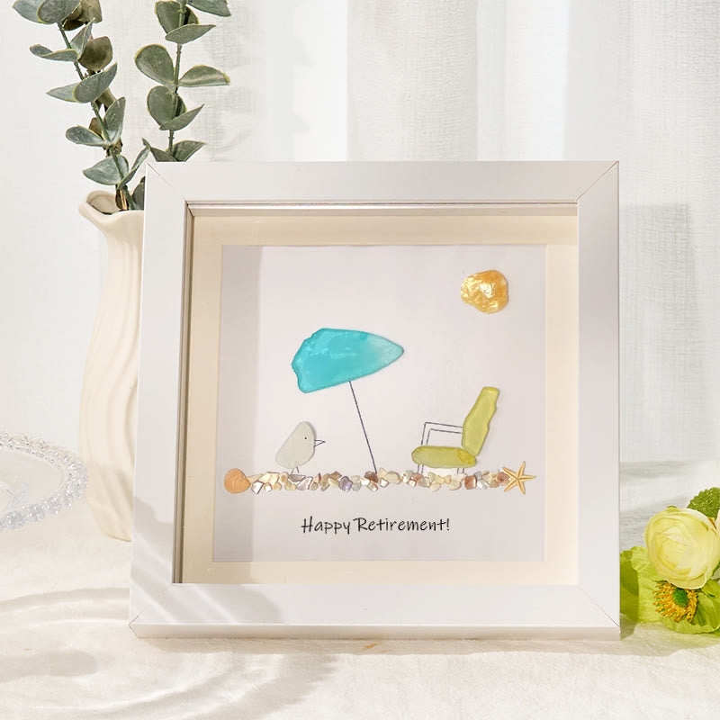 Retirement Beach Chair And Umbrella Sea Glass Framed Art - White - 8" X 8" - image 1