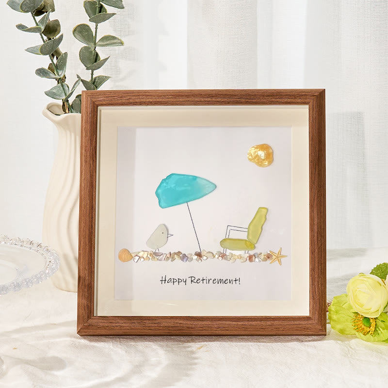 Retirement Beach Chair And Umbrella Sea Glass Framed Art - Walnut Brown - 8" X 8" - image 7