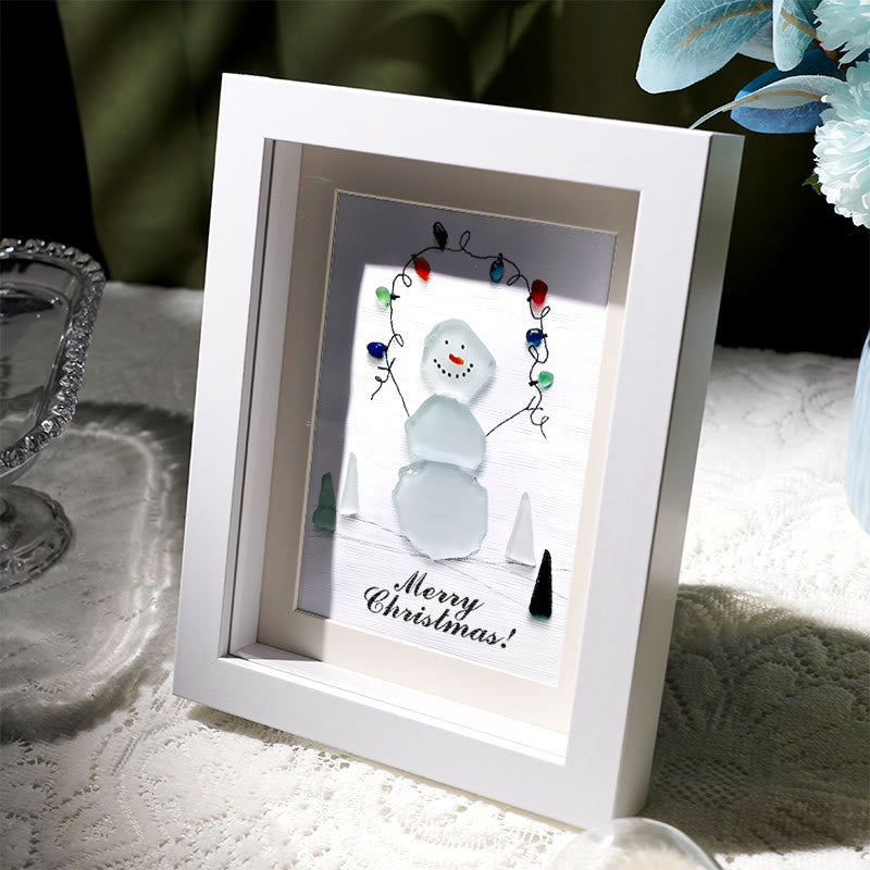 Christmas Snowman With Light Bulbs Sea Glass Framed Art - image 2