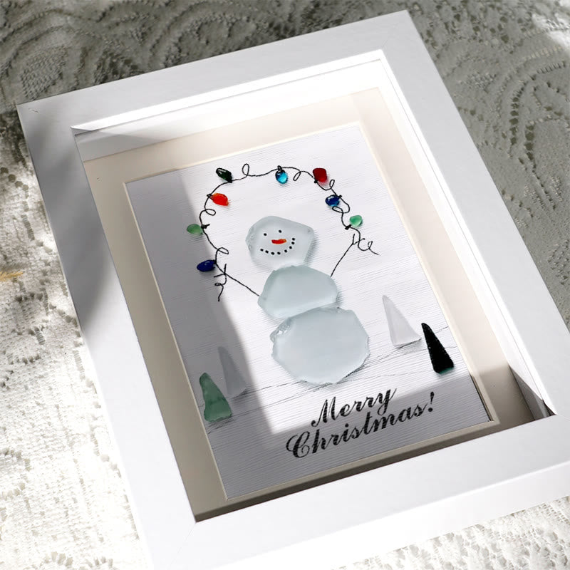 Christmas Snowman With Light Bulbs Sea Glass Framed Art - image 3