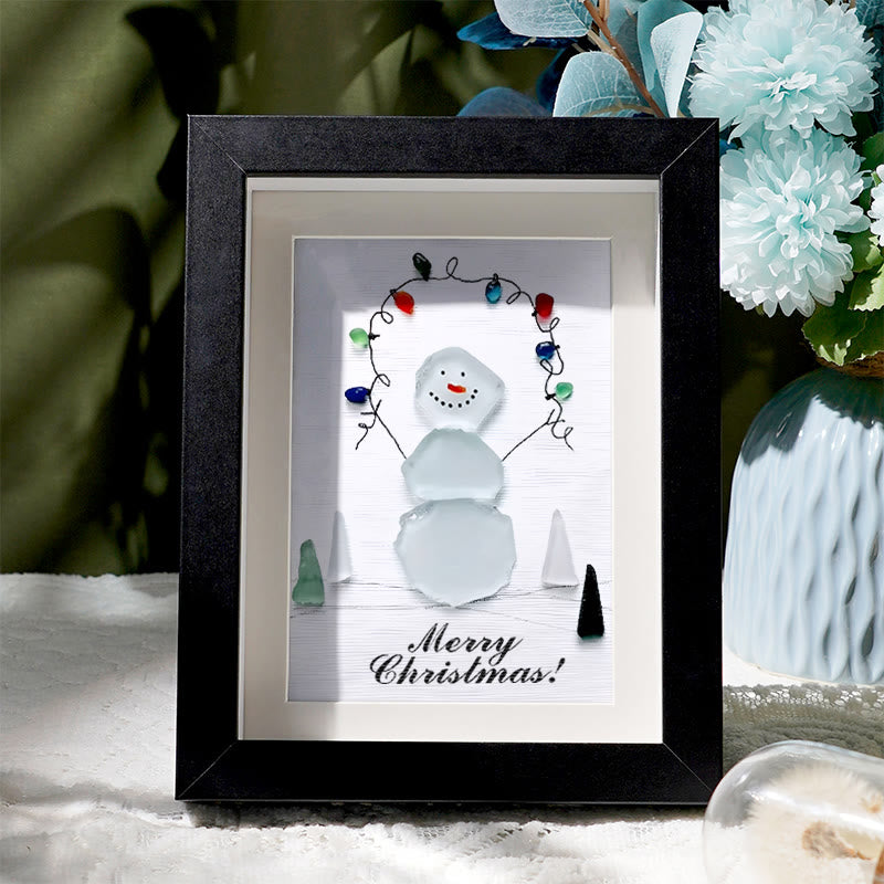 Christmas Snowman With Light Bulbs Sea Glass Framed Art - Black - 8" X 6" - image 5