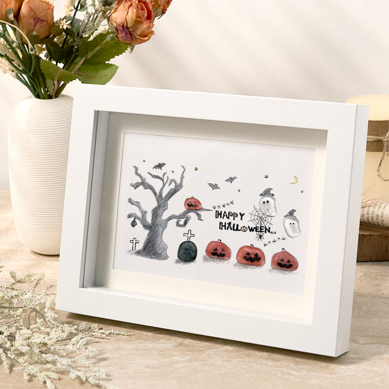 Happy Halloween Jack O Lantern And Ghost Sea Glass Framed Art - image 1