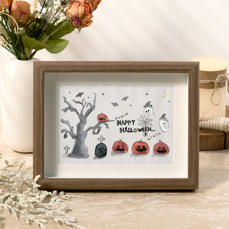 Happy Halloween Jack O Lantern And Ghost Sea Glass Framed Art - Walnut Brown - 6" X 8" - image 6