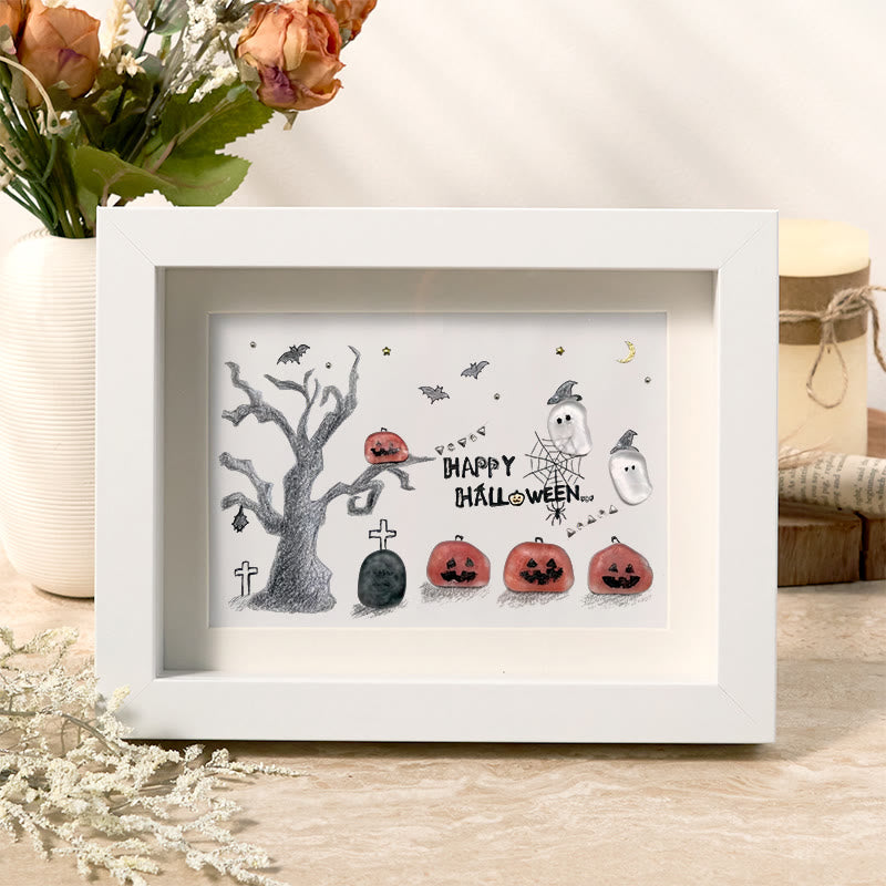 Happy Halloween Jack O Lantern And Ghost Sea Glass Framed Art - White - 6" X 8" - image 0