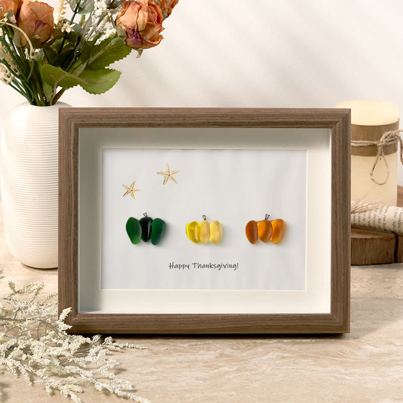 Happy Thanksgiving Pumpkin Sea Glass Framed Art - Walnut Brown - 6" X 8" - image 0