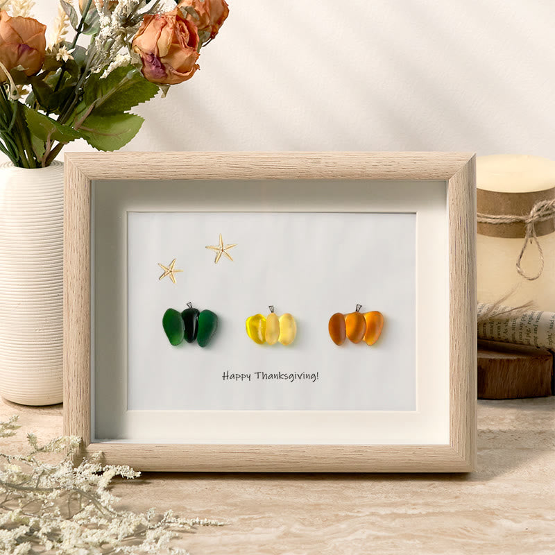 Happy Thanksgiving Pumpkin Sea Glass Framed Art - Oak - 6" X 8" - image 4