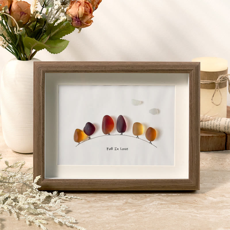 Fall In Love Autumn Trees Sea Glass Framed Art - Walnut Brown - 6" X 8" - image 0