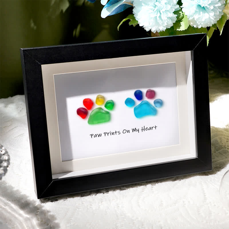 Rainbow Puppy Pet Paw Prints Sea Glass Framed Art - image 1