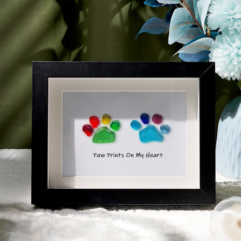 Rainbow Puppy Pet Paw Prints Sea Glass Framed Art - Black - 6" X 8" - image 0