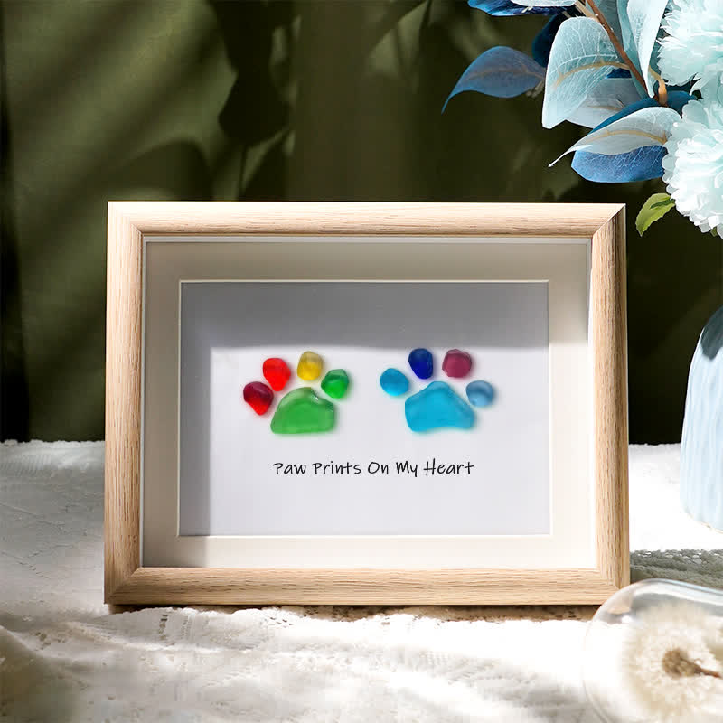 Rainbow Puppy Pet Paw Prints Sea Glass Framed Art - Oak - 6" X 8" - image 6