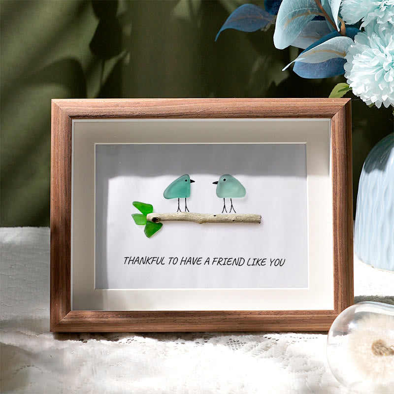 Friend Birds Sea Glass Framed Art Friendship Gift - Walnut Brown - 6" X 8" - image 0