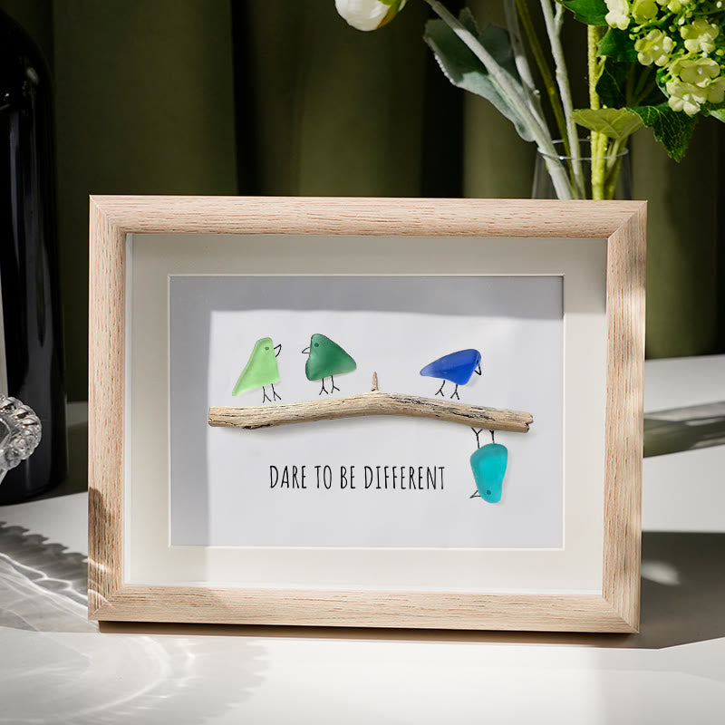 Dare To Be Different Birds Sea Glass Framed Art Inspirational Gift - Oak - 6" X 8" - image 0
