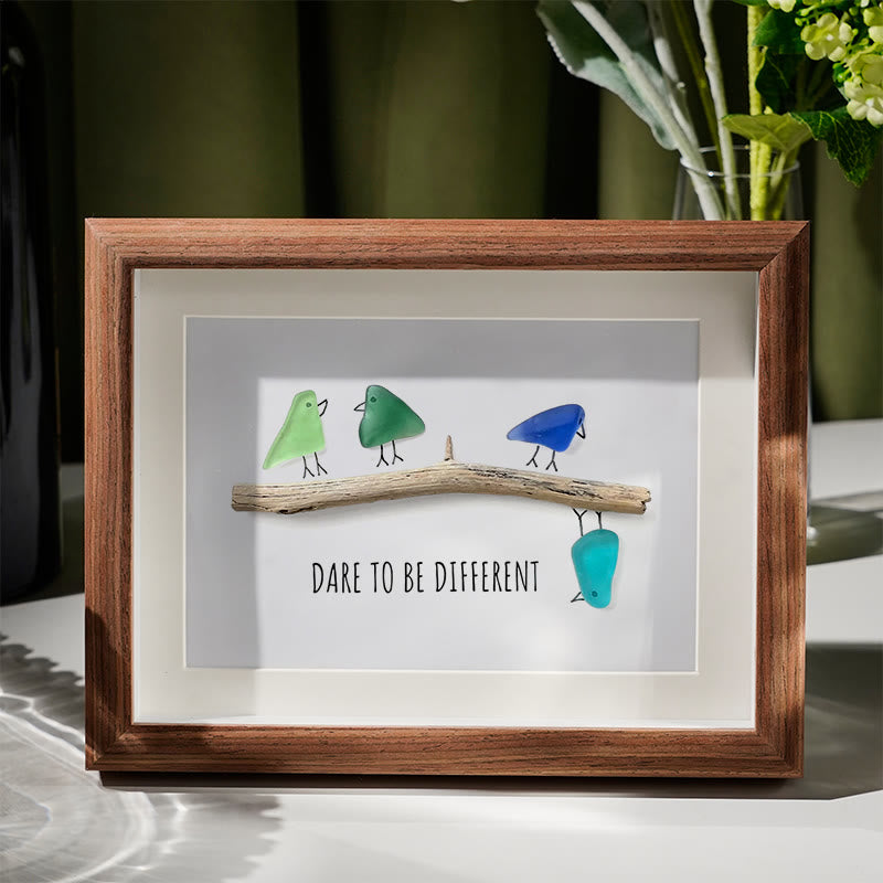 Dare To Be Different Birds Sea Glass Framed Art Inspirational Gift - Walnut Brown - 6" X 8" - image 4