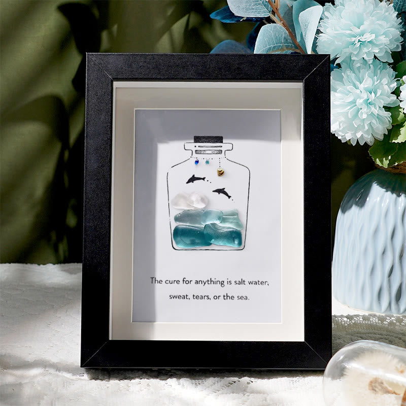 Sea Bottle Sea Glass Framed Art Inspirational Gift - Black - 8" X 6" - image 4