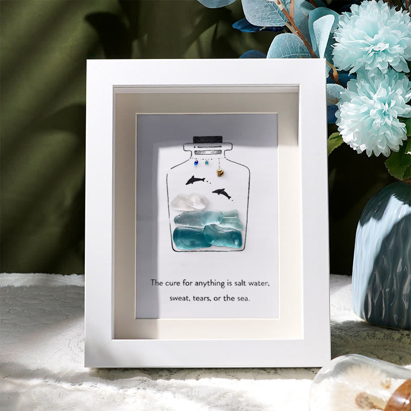 Sea Bottle Sea Glass Framed Art Inspirational Gift - White - 8" X 6" - image 0