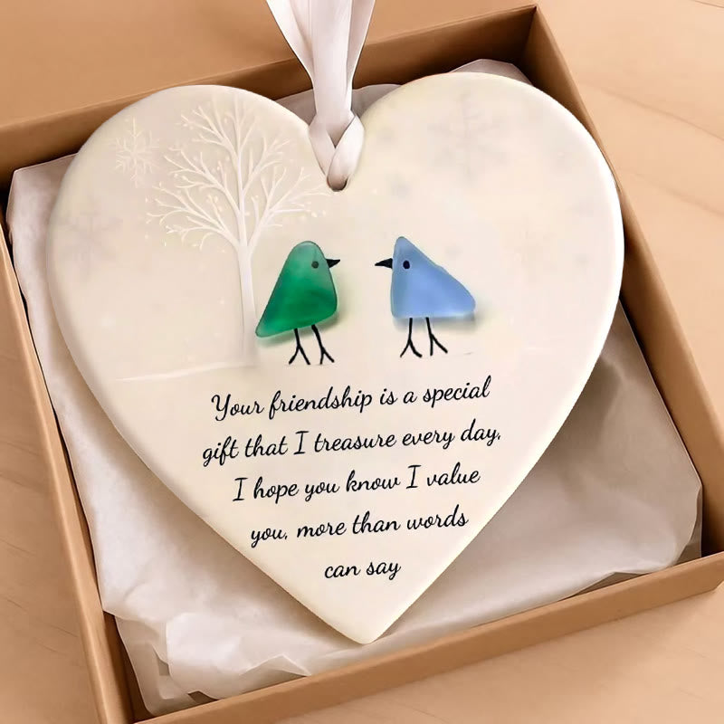 Friendship Gift Heart-Shaped Birds Sea Glass Hanging Ornament - image 1