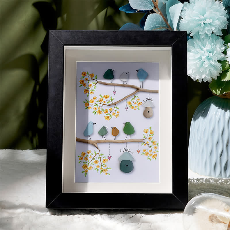 Birds On Blossom Branches Family Sea Glass Framed Art - Black - 8" X 6" - image 0