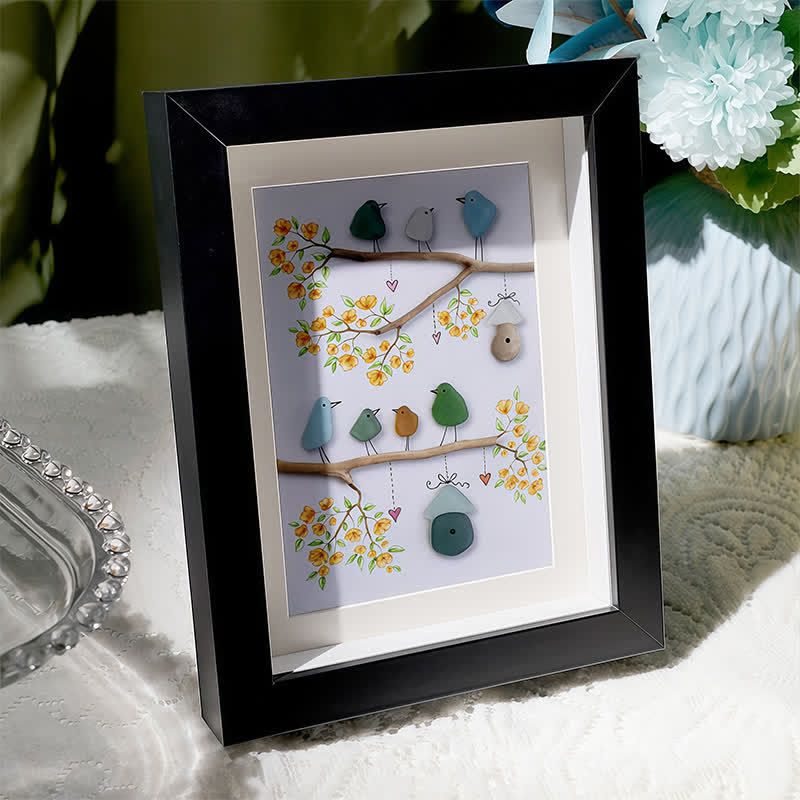 Birds On Blossom Branches Family Sea Glass Framed Art - image 1