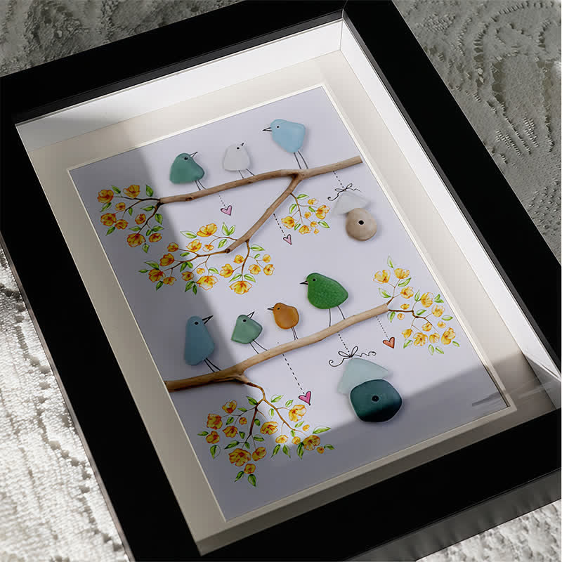 Birds On Blossom Branches Family Sea Glass Framed Art - image 2