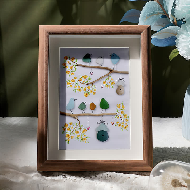 Birds On Blossom Branches Family Sea Glass Framed Art - Walnut Brown - 8" X 6" - image 5