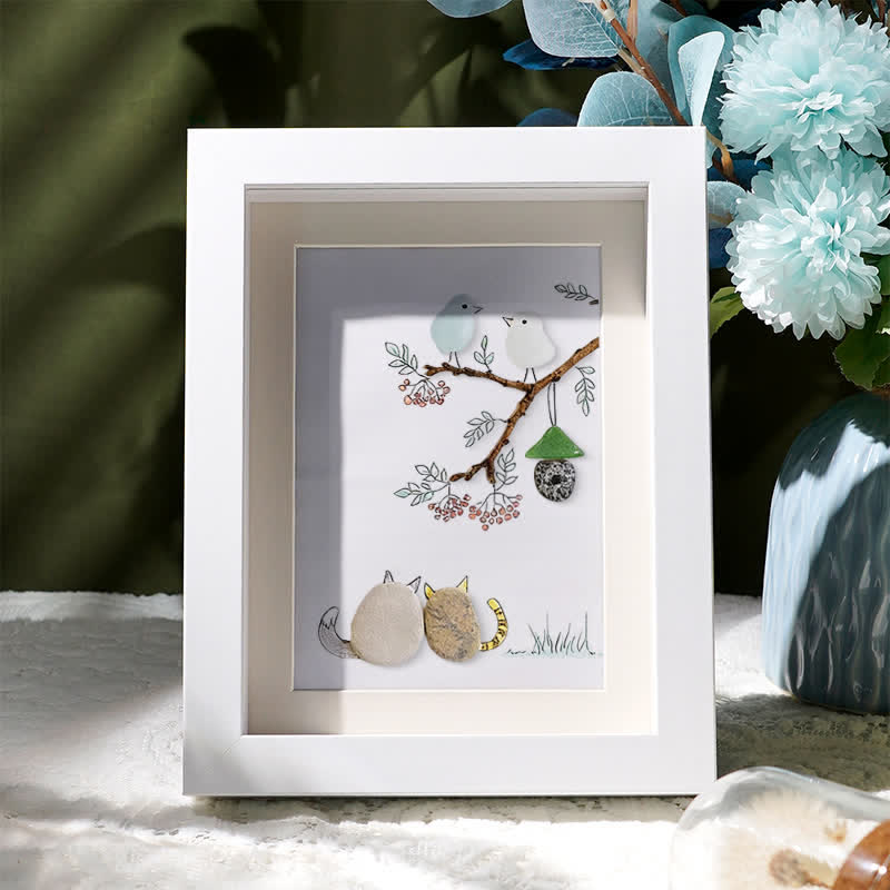 Cats Snuggling Under The Birdhouse Sea Glass Framed Art - White - 8" X 6" - image 4