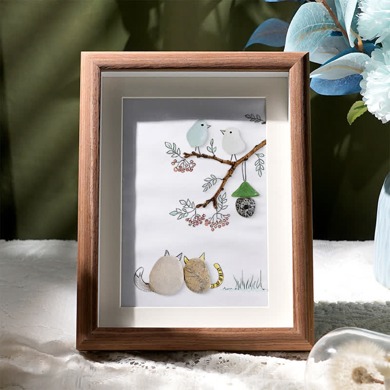 Cats Snuggling Under The Birdhouse Sea Glass Framed Art - Walnut Brown - 8" X 6" - image 5