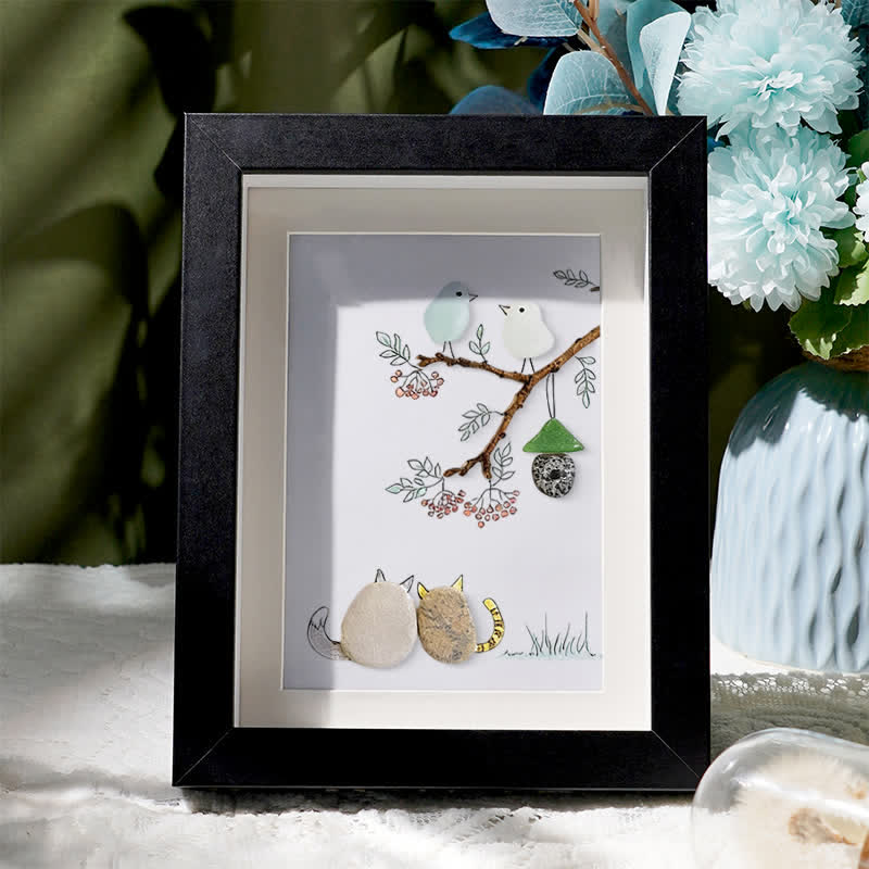Cats Snuggling Under The Birdhouse Sea Glass Framed Art - Black - 8" X 6" - image 0