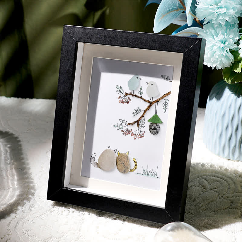 Cats Snuggling Under The Birdhouse Sea Glass Framed Art - image 1