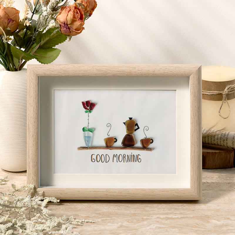 Good Morning Coffee Pot And Mugs Sea Glass Framed Art - Oak - 6" X 8" - image 0