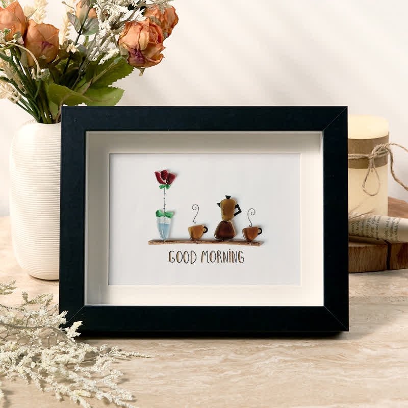 Good Morning Coffee Pot And Mugs Sea Glass Framed Art - Black - 6" X 8" - image 5