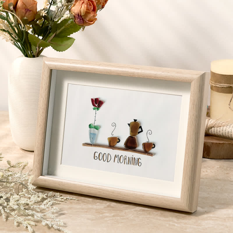 Good Morning Coffee Pot And Mugs Sea Glass Framed Art - image 1