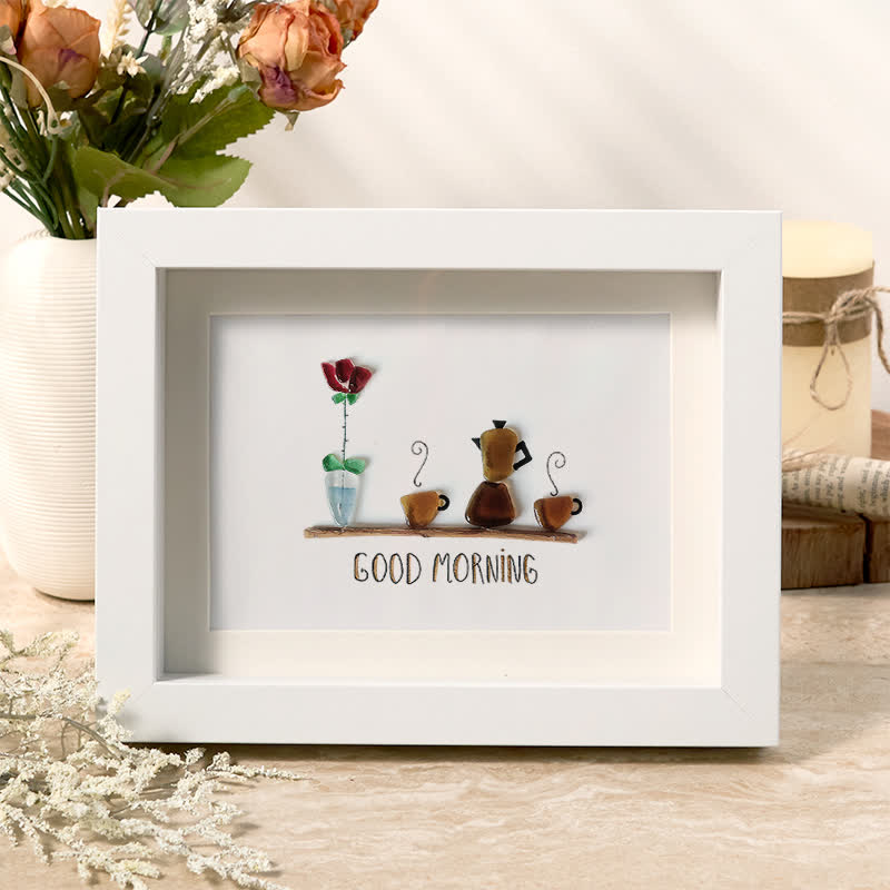 Good Morning Coffee Pot And Mugs Sea Glass Framed Art - White - 6" X 8" - image 4