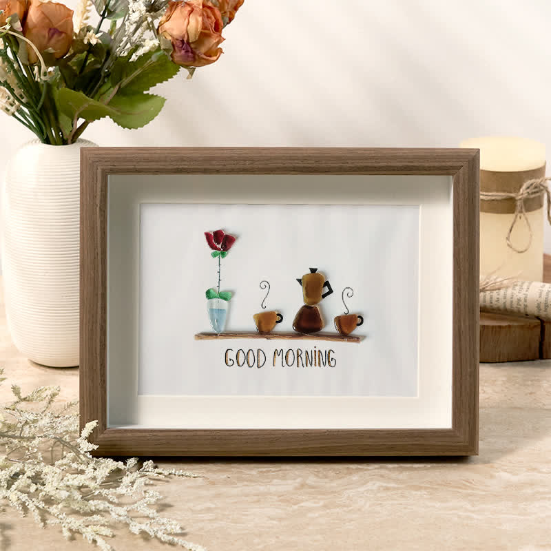 Good Morning Coffee Pot And Mugs Sea Glass Framed Art - Walnut Brown - 6" X 8" - image 3