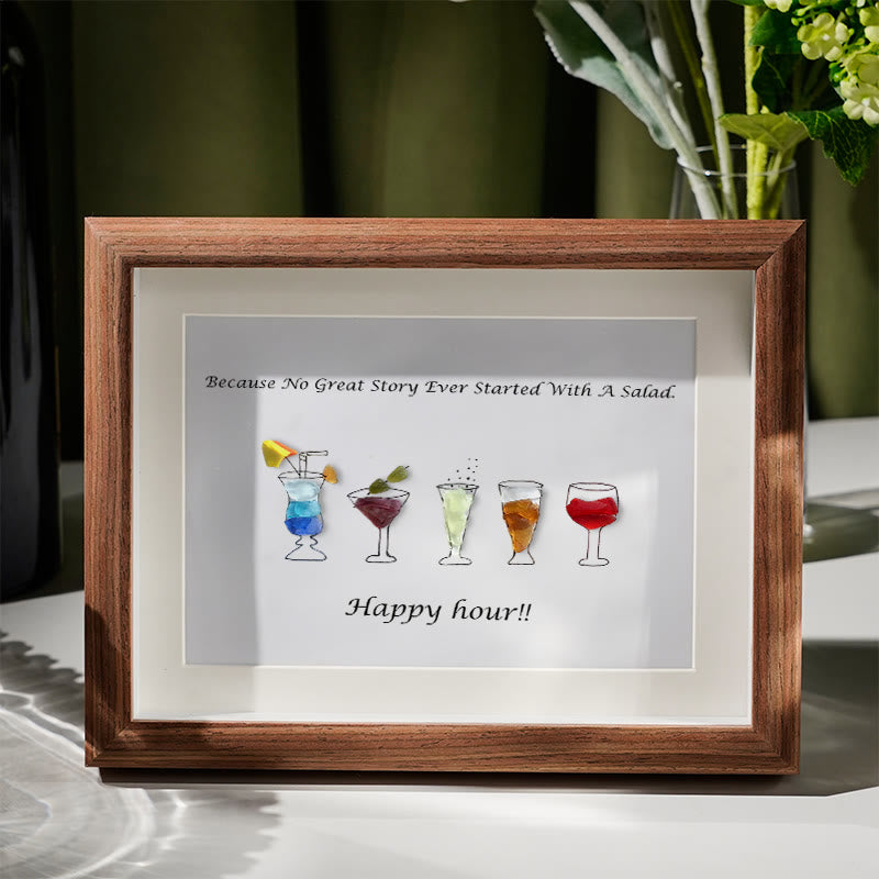 Happy Hour Colourful Sea Glass Framed Art Gift For Cocktail Lover - Walnut Brown - 6" X 8" - image 6