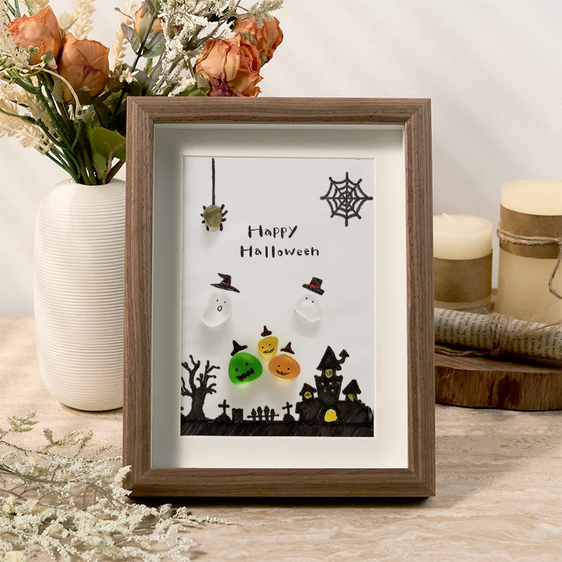 Ghost Happy Halloween Sea Glass Framed Art - Walnut Brown - 8" X 6" - image 6