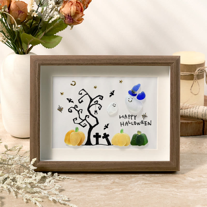 Happy Halloween Ghost And Pumpkin Sea Glass Framed Art - Walnut Brown - 6" X 8" - image 0