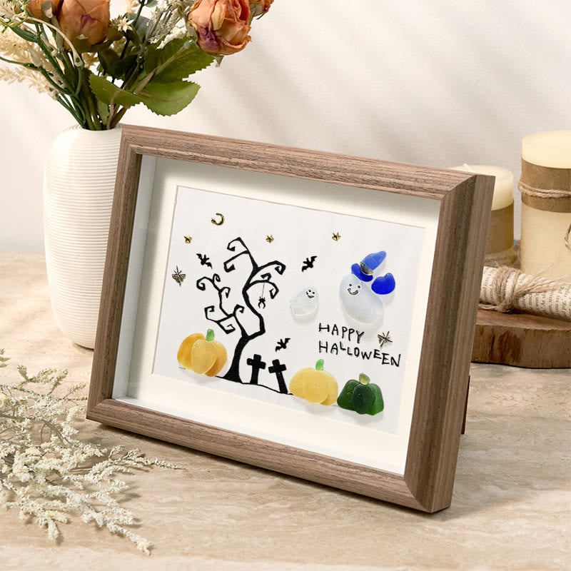 Happy Halloween Ghost And Pumpkin Sea Glass Framed Art - image 1