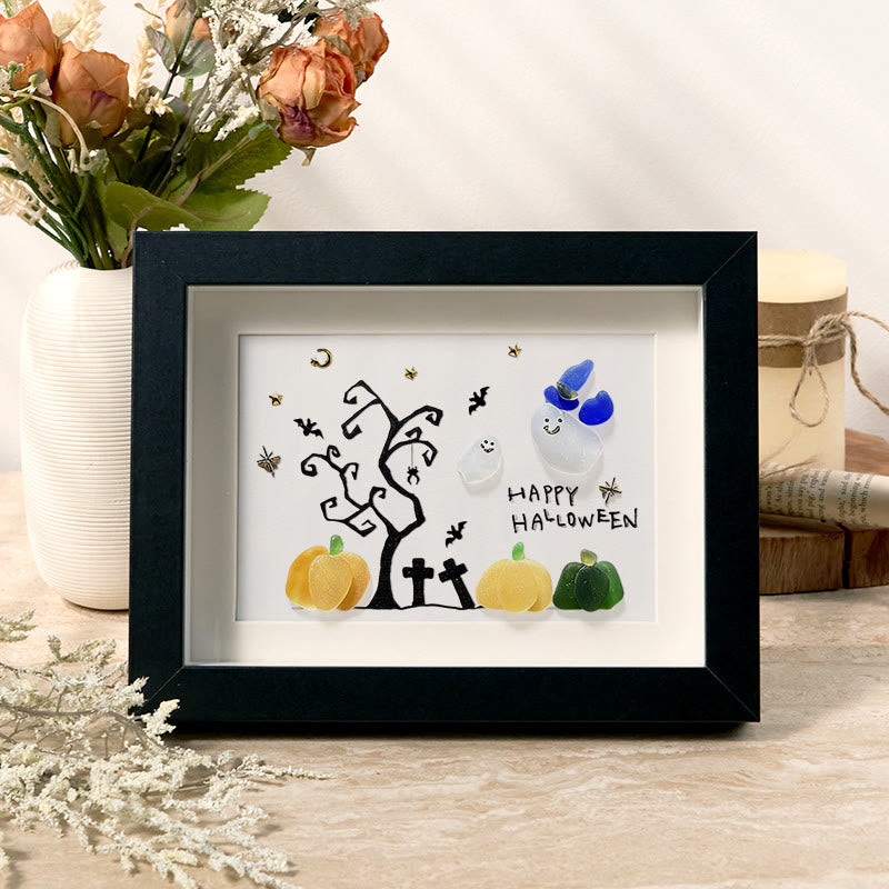 Happy Halloween Ghost And Pumpkin Sea Glass Framed Art - Black - 6" X 8" - image 5