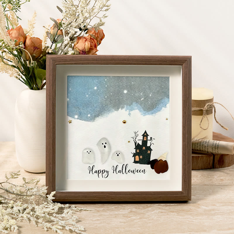 Halloween Ghost House Sea Glass Framed Art - Walnut Brown - 8" X 8" - image 4