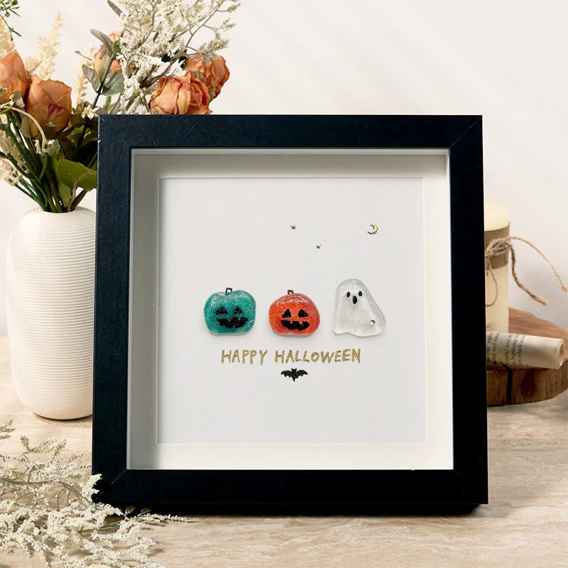 Halloween Jack O lantern And Ghost House Sea Glass Framed Art - Black - 8" X 8" - image 0